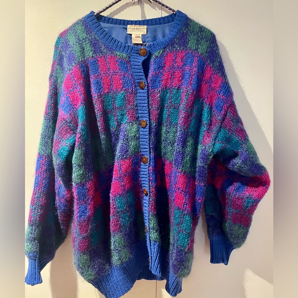 Susan Bristol Multicolor Cardigan – Size M – Warm Mohair/Wool Blend
